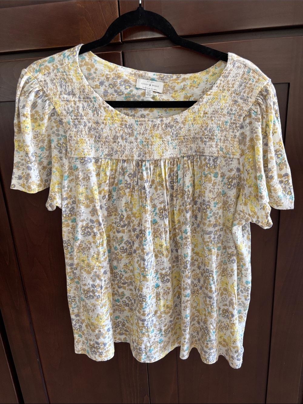 Lucky Brand Yellow & Cream Floral Smocked Yoke Top